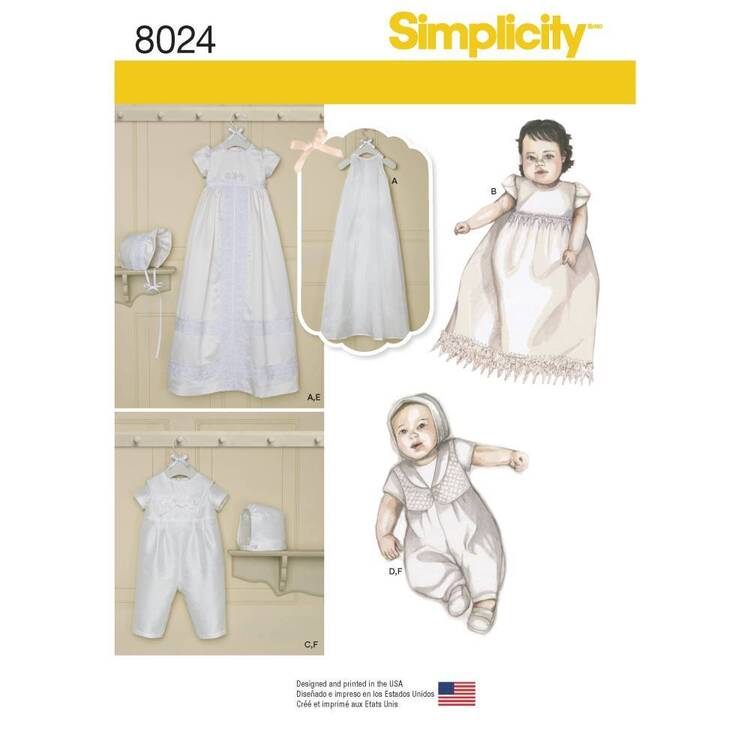 Simplicity Pattern 8024 Babies' Christening Sets With Bonnets XX Small - Medium