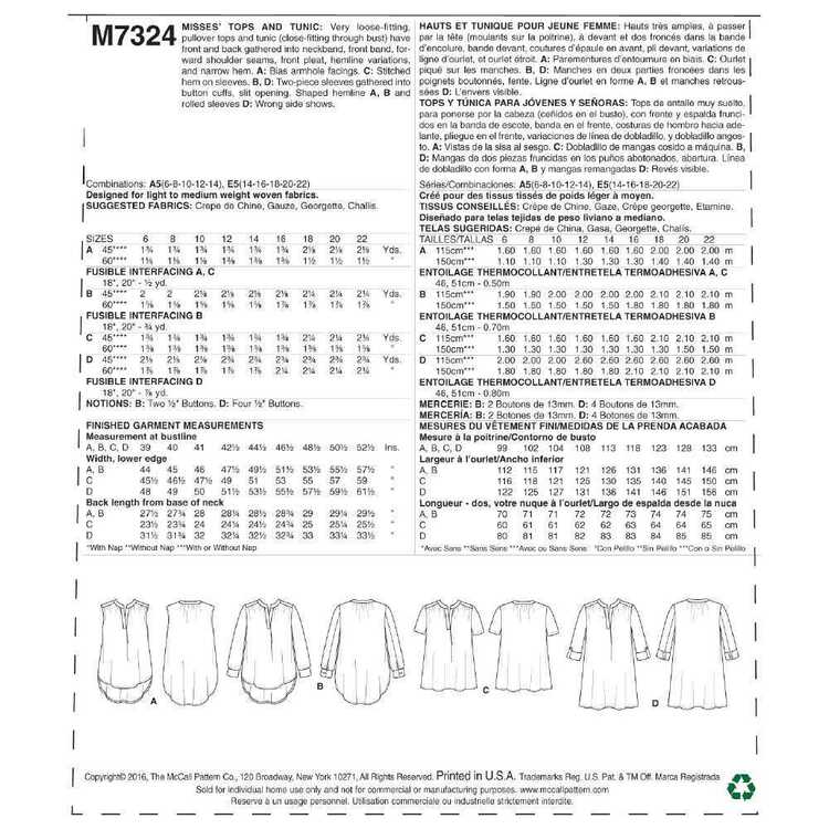 McCall's M7324 Misses' Half Placket Tops & Tunic Pattern 6 - 14 (Paper)