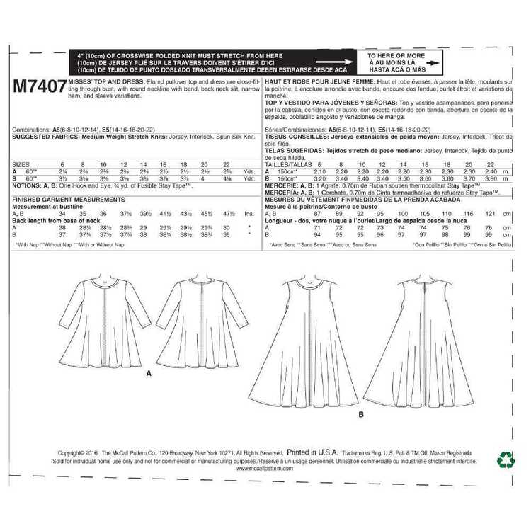 McCall's Pattern M7407 Misses' Flared Knit Top & Dress