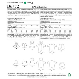 Butterick Pattern B6372 Infants' Cape, Vest, Buntings and Pull-On Pants 6 - 14