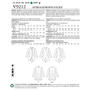 Vogue Pattern V9212 Misses Jackets