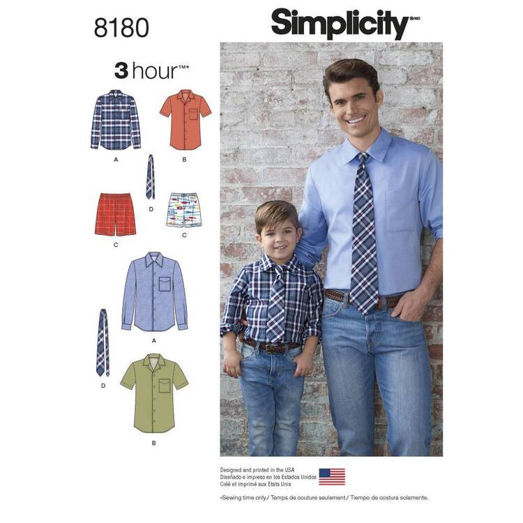 Simplicity Pattern 8180 Boys' & Men's Shirt, Boxer & Tie Small - X Large