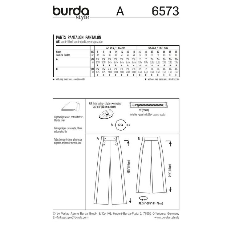 Burda 6573 Women's Pants Pattern White 6 - 18