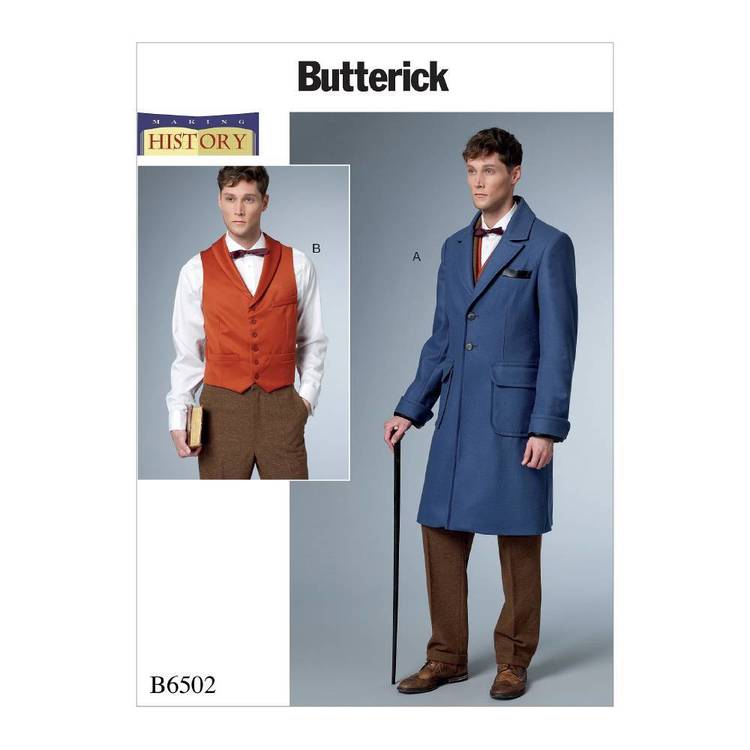 Butterick Pattern B6502 Men's Single-Breasted Lined Coat and Vest with Back Belt