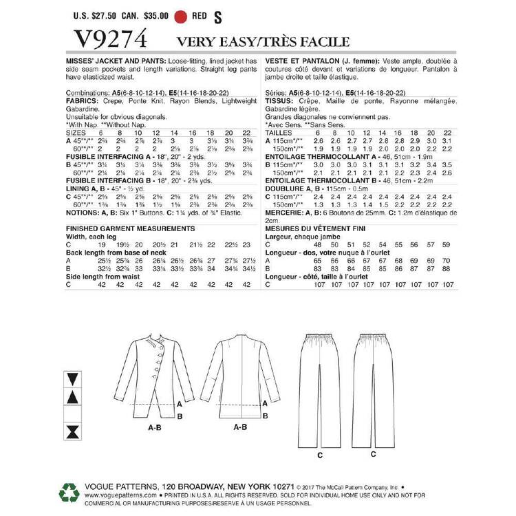 Vogue Pattern V9274 Misses' Asymmetrical Jacket and Pull-On Pants