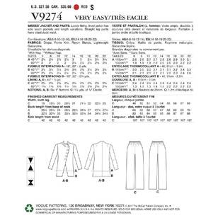 Vogue Pattern V9274 Misses' Asymmetrical Jacket and Pull-On Pants