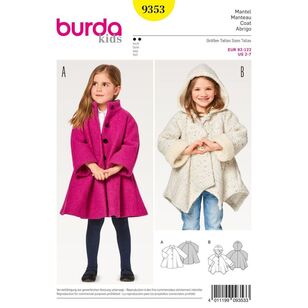 Burda 9353 Child's A-Line Coat Pattern White 2 - 7 Years