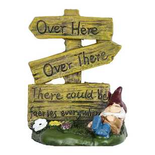 Fairy Village Garden Gnome With Sign Figurine Brown & Green