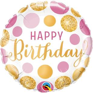 Qualatex Birthday Pink and Gold Dot Foil Balloon White
