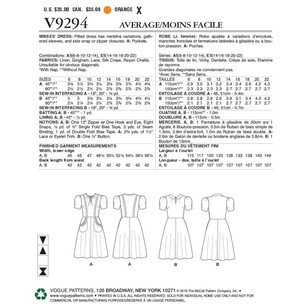 Vogue Pattern V9294 Misses Dress