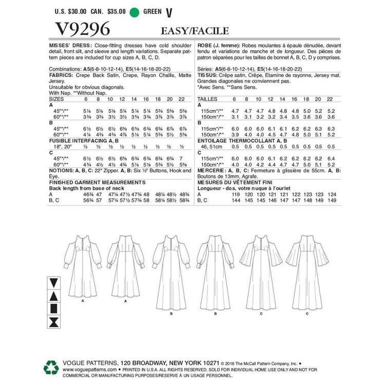 Vogue Pattern V9296 Misses Dress