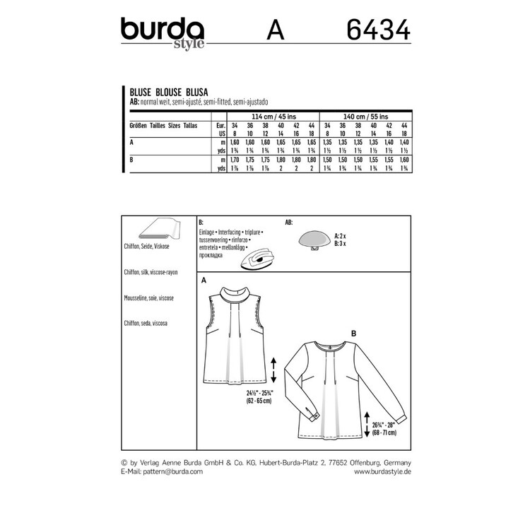 Burda Pattern B6434 Misses' Feminine Blouses 8 - 18