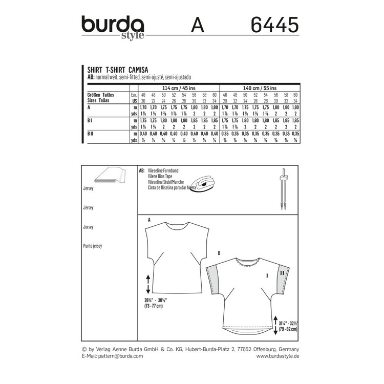 Burda Pattern B6445 Women's Simple Curved-Hem Tops 20 - 34