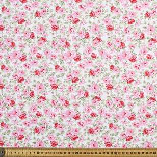 Cabbage Rose Printed Poplin Fabric White & Pink 112 cm
