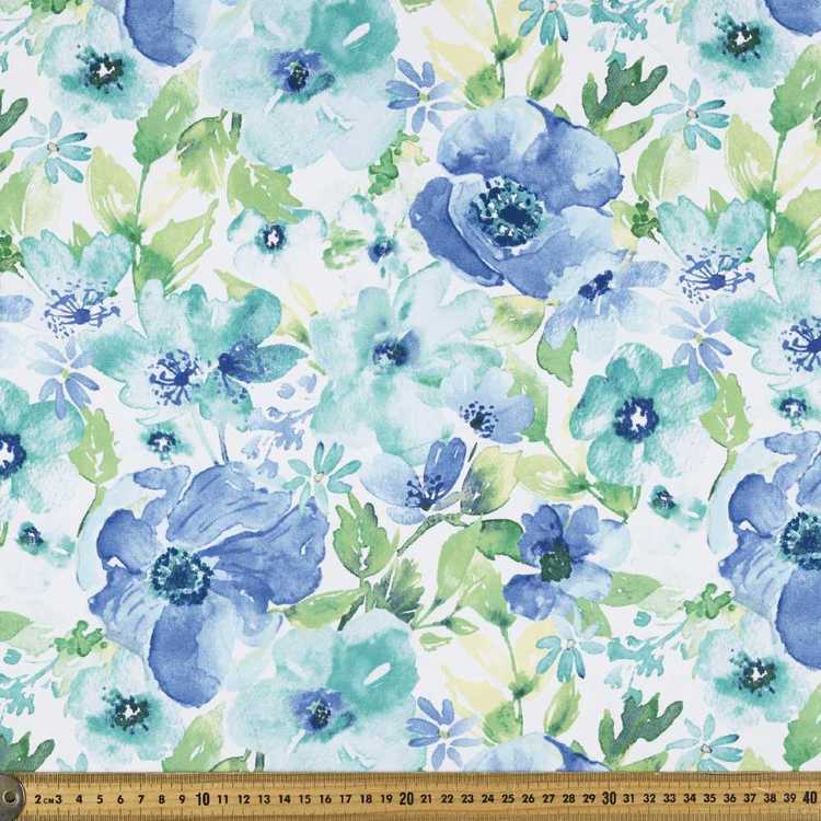 Watercolour Flowers Printed 127 cm Cotton Elastane Sateen Fabric Blue 127 cm