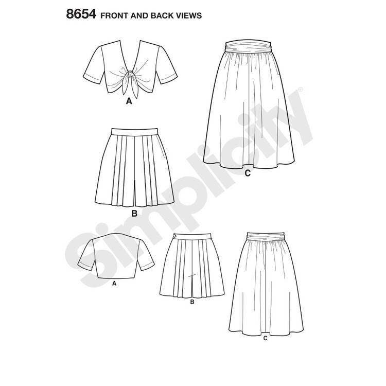 Simplicity Pattern 8654 Misses' Vintage Skirt, Shorts And Tie Top