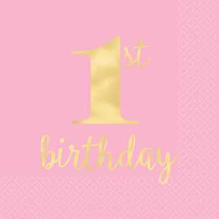 Amscan 1st Birthday Pink Lunch Napkins 16 Pack Pink & Gold
