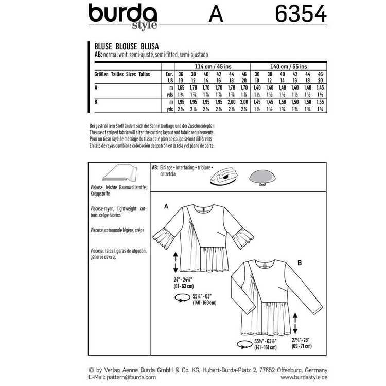 Burda Sewing Pattern 6354 Misses' Blouses White 10 - 20