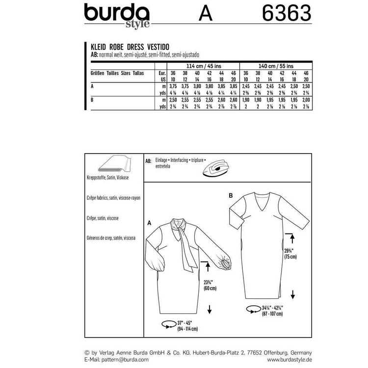 Burda Pattern 6363 Misses' Dresses 10 - 20