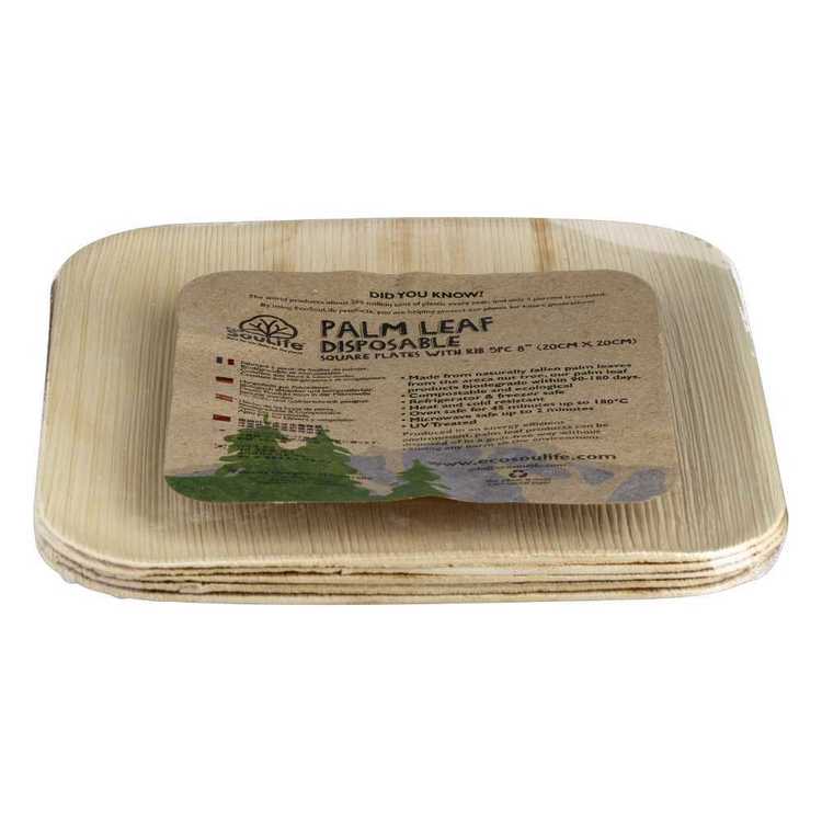 EcoSouLife Palm Leaf Ribbed Square Plate 5 Pack Natural 20 cm