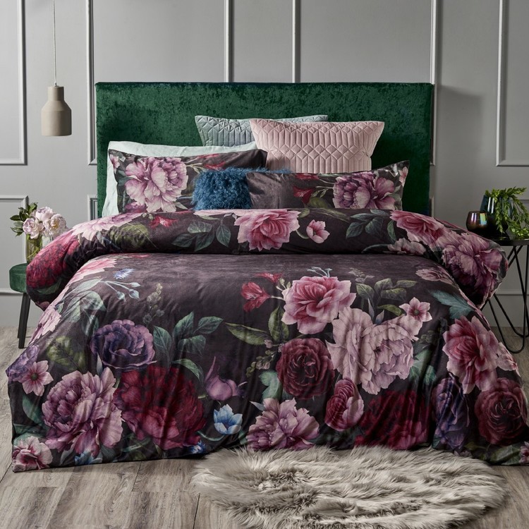 KOO Cecily Velvet Floral Quilt Cover Set Charcoal