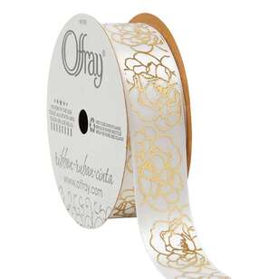 Offray Gold Floral Single Faced Satin Ribbon White & Gold 22 mm x 2.7 m