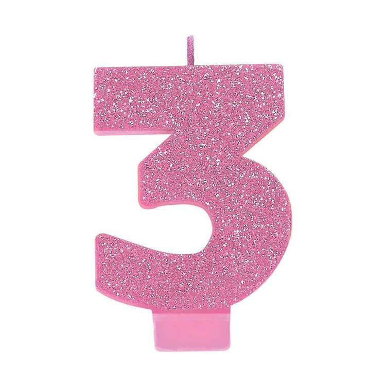 Amscan No. 3 Pink Glitter Numeral Candle