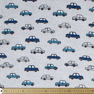 Vintage Cars Printed Organic Cotton Jersey Fabric Grey & Multicoloured 112 cm