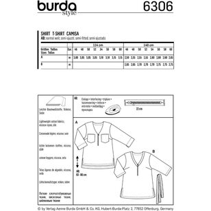 Burda Sewing Pattern 6306 Women's V Neck Top White 20 - 34
