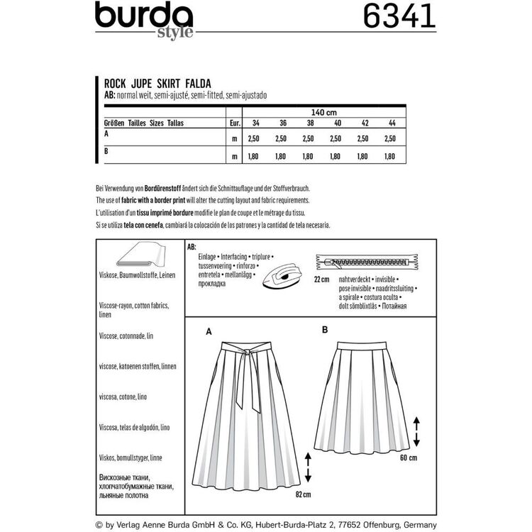 Burda Style Pattern 6341 Misses' Inverted Pleat Skirt 8 - 18