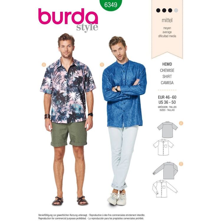 Burda Style Pattern 6349 Men's Shirt with Collar 36 - 50