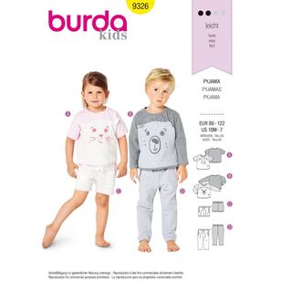 Burda Style Pattern 9326 Toddler's Sleepwear 18 Months - 7 Years