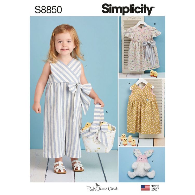 Simplicity Sewing Pattern S8850 Toddlers' Dress, Jumpsuit, Basket, and Toy