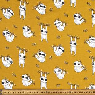 Sloth Printed 112 cm Organic Cotton Jersey Fabric Mustard