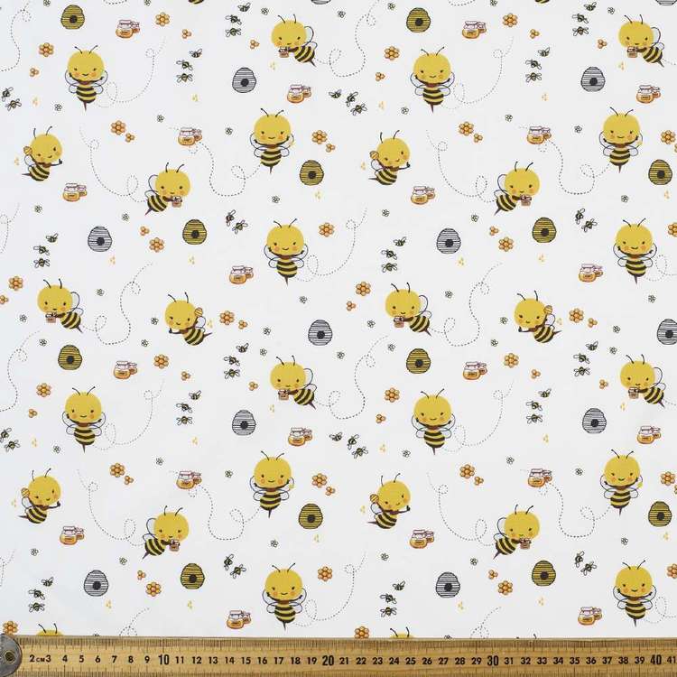 Bee World Printed Cotton Fabric White 112 cm