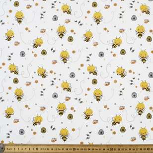 Bee World Printed Cotton Fabric White 112 cm