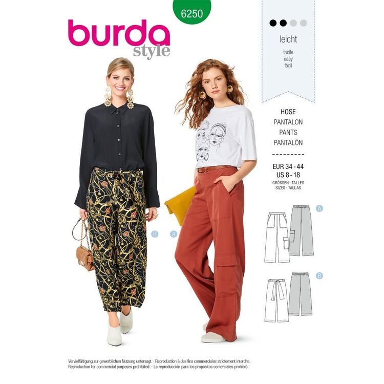 Burda Style Pattern 6250 Misses' Pants, Pull-On with Elastic Waist, Wide Leg, Crop or Full Length