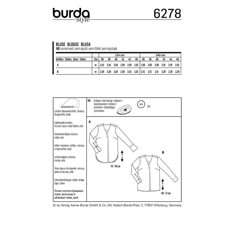 Burda Style Pattern 6278 Women's Blouses Pull-On in Two Lengths 10 - 20