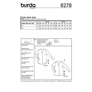 Burda Style Pattern 6278 Women's Blouses Pull-On in Two Lengths 10 - 20