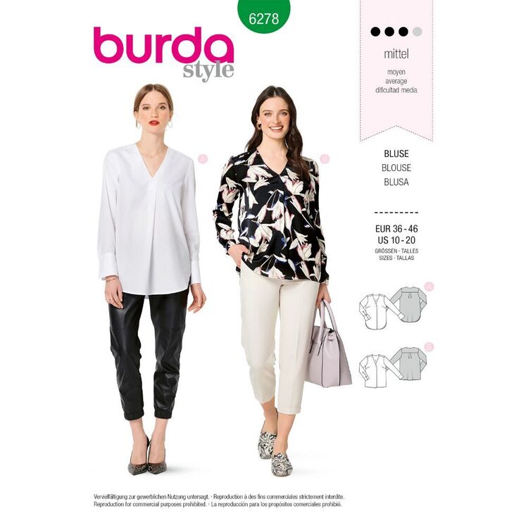 Burda Style Pattern 6278 Women's Blouses Pull-On in Two Lengths