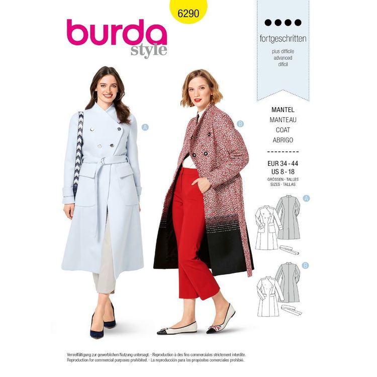 Burda Style Pattern 6290 Misses' Coat Double Breasted and Lined
