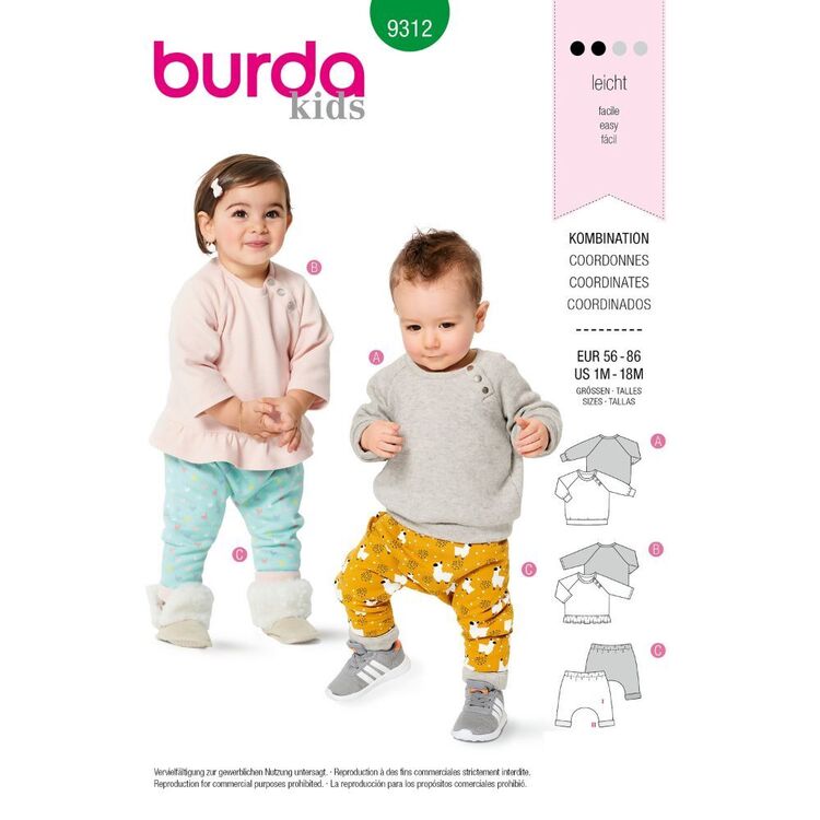 Burda Style Pattern 9312 Babies' Coordinates, Pull-On Top and Pants 1 - 18 Months