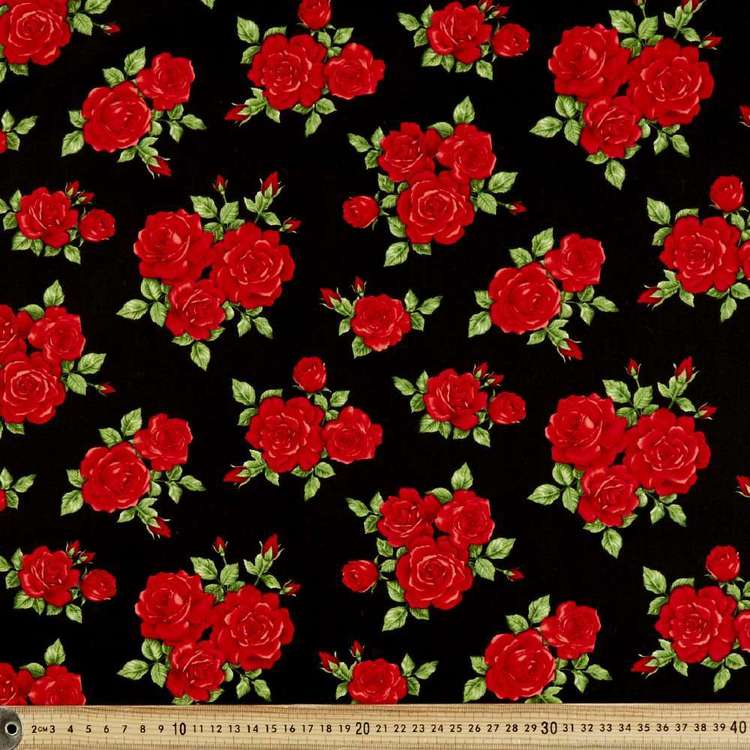 Red Rose Bunches Cotton Fabric Black & Red 112 cm