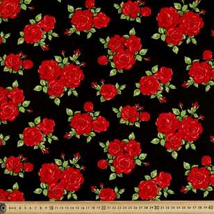 Red Rose Bunches Cotton Fabric Black & Red 112 cm