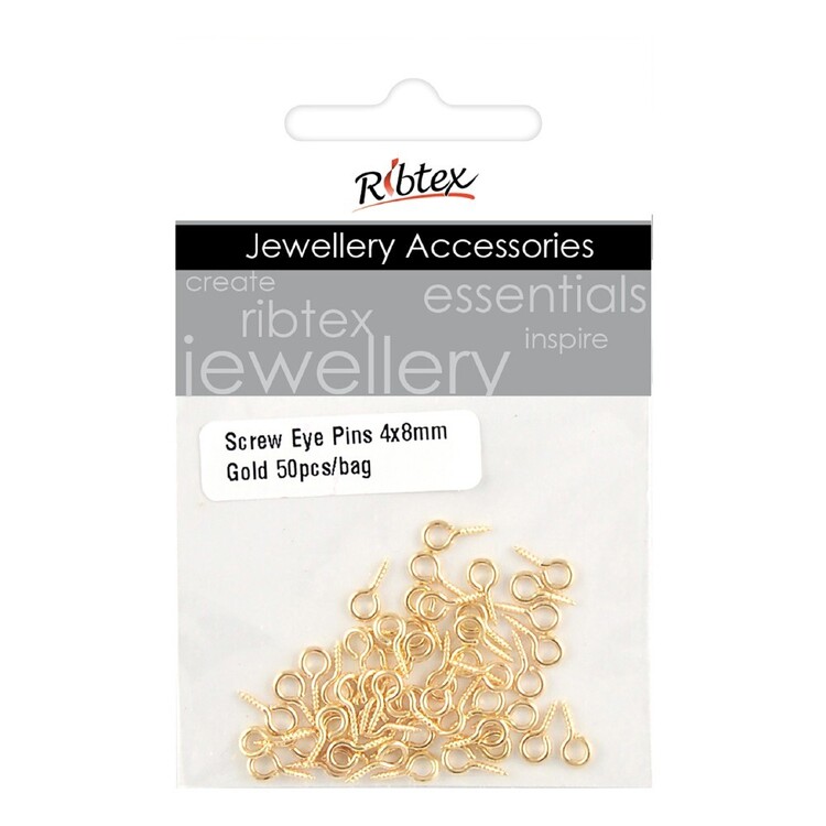 Ribtex Jewellery Findings Screw In Eye Loop 50 Pack Gold 4 x 8 mm