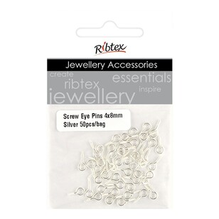 Ribtex Jewellery Findings Screw In Eye Loop 50 Pack Silver 4 x 8 mm