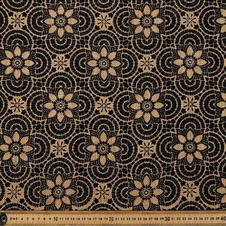 Geo Floral Printed Hessian Fabric Black 120 cm