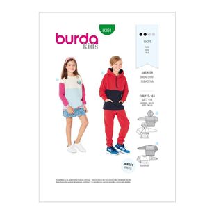 Burda Pattern 9301 Children's Sweatshirt & Hoddie Tops 7 - 14