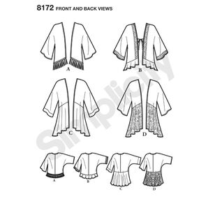 Simplicity Pattern S8172 Misses' Fashion Kimonos with Length, Fabric and Trim Variations XX Small - XX Large