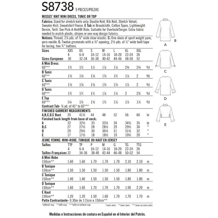 Simplicity Pattern S8738 Misses' Knit Mini Dress, Tunic or Top XX Small ...